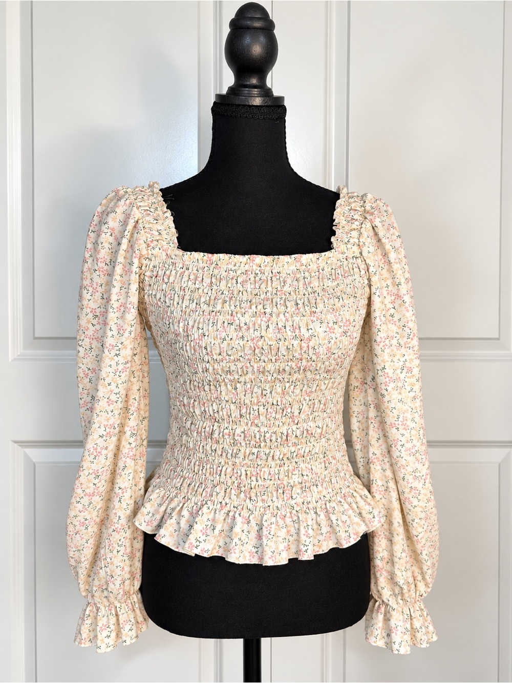 Smocked Floral Peplum Blouse - Cream with Pink & Green
